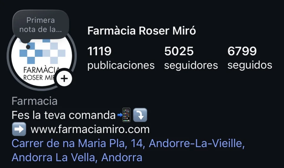 Perfil de Instagram de Farmàcia Roser Miró con su identidad, seguidores, web y ubicación