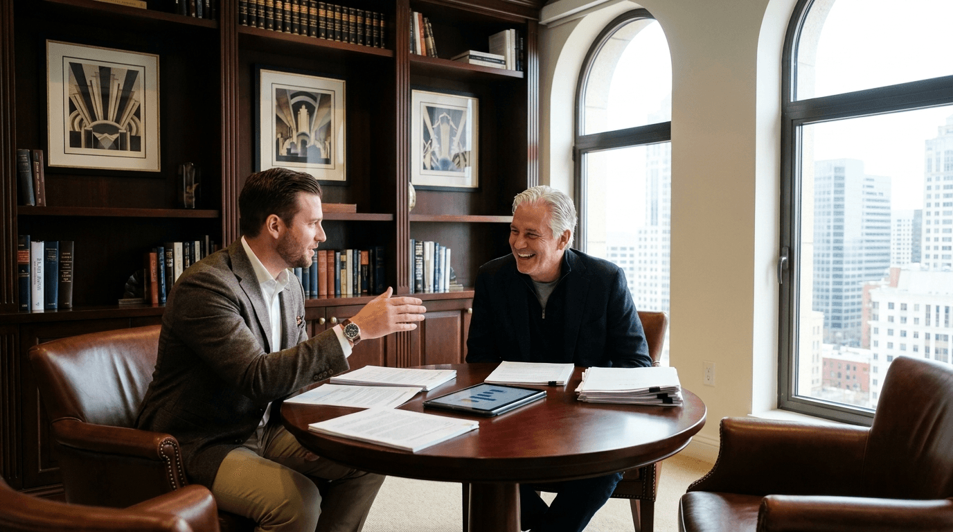 Consultor vendiendo servicios premium en reunión con cliente de alto valor