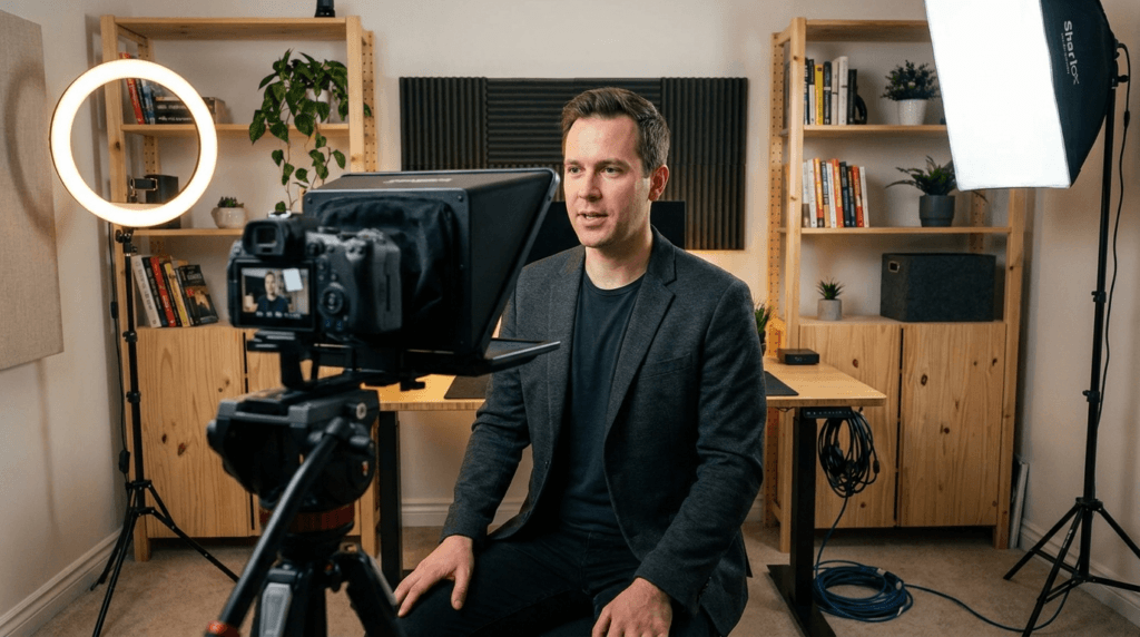 Creador de contenido grabando vídeo en estudio profesional para vender servicios premium