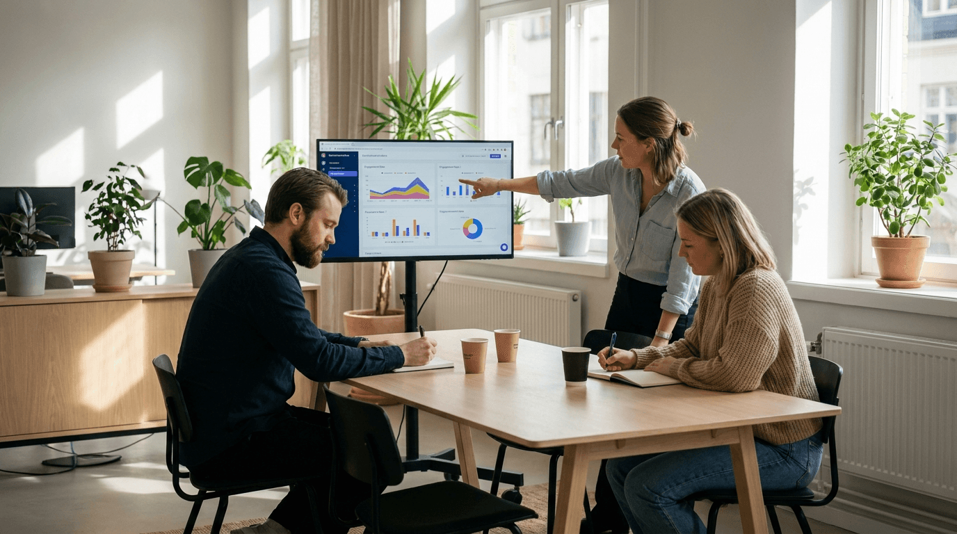 Equipo de marketing analizando métricas de redes sociales en oficina moderna