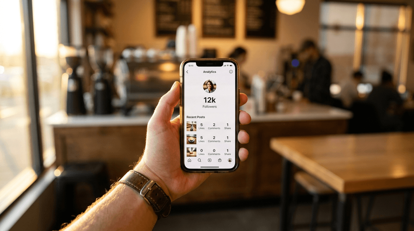 Smartphone mostrando métricas bajas en redes sociales a pesar de tener muchos seguidores