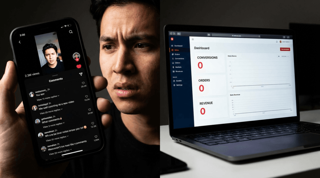 Contraste entre vídeo viral con millones de visitas y ventas nulas sin estrategia